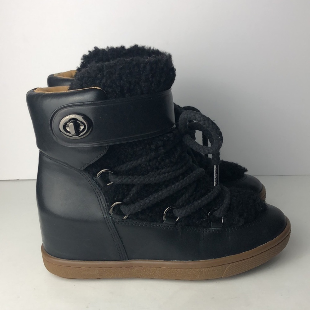 Coach Monroe Black Leather Shearling Ankle Wedge Boots 6 - Picture 3 of 11